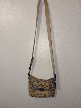 Coach Tan Signature Canvas Crossbody with Blue Trim